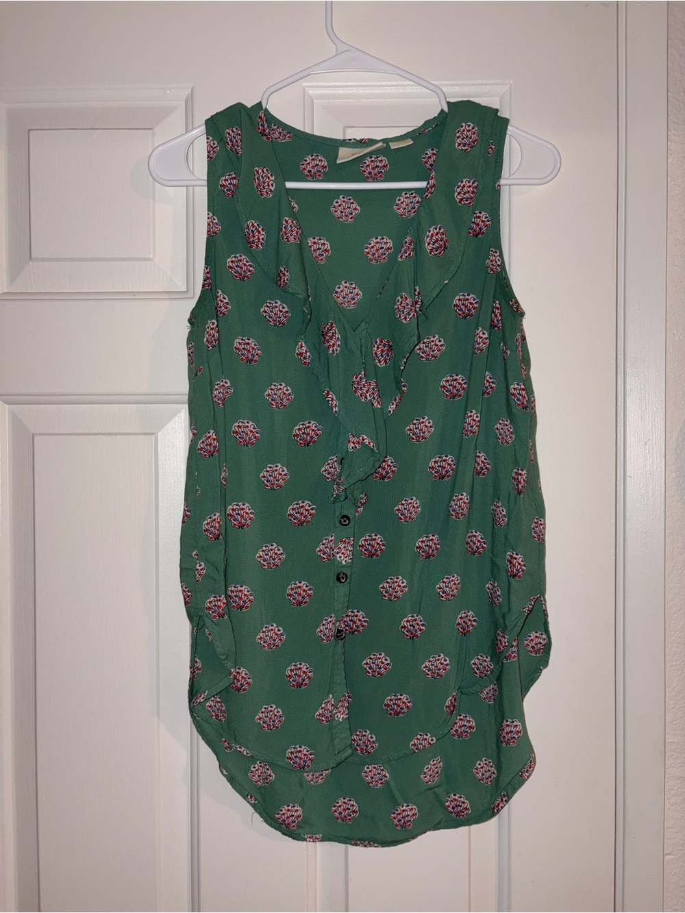 Anthropologie Green Sleeveless Floral Button Front Blouse